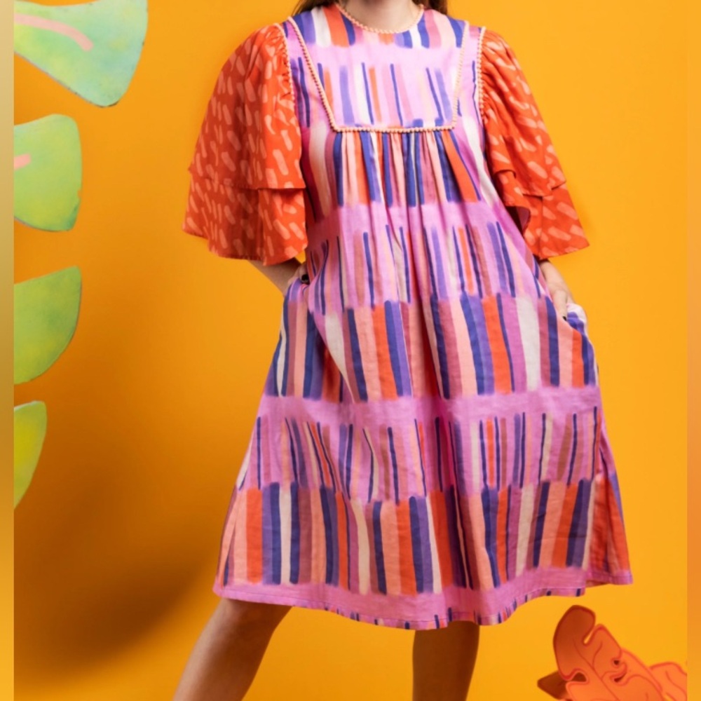 Katie Kortman Colorful Striped Dress with Patterned Sleeves